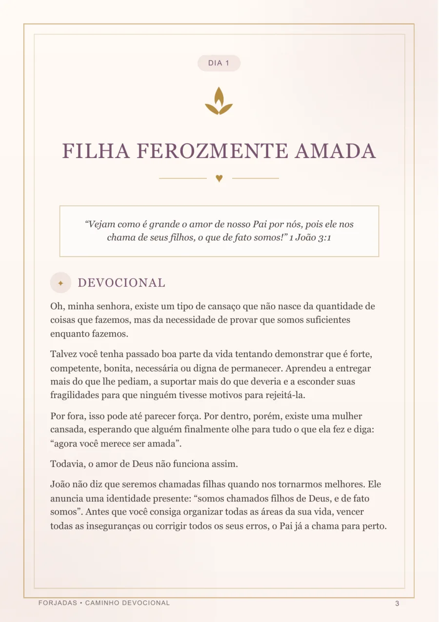 Página do Dia 1 do devocional Forjadas — Filha ferozmente amada